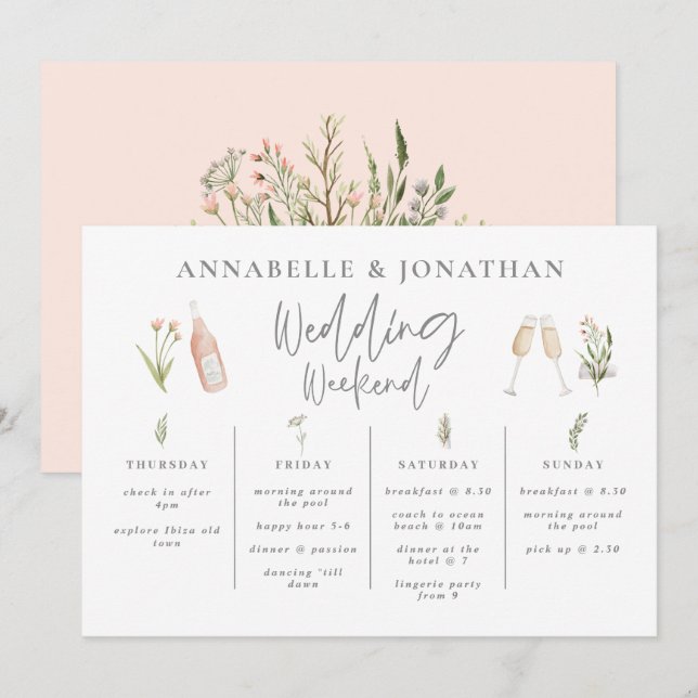 Wildflower girly wedding weekend itinerary modern (Front/Back)