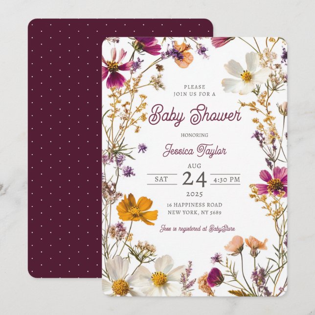 Wildflower Girly Yellow Purple Baby Shower Invitation (Front/Back)