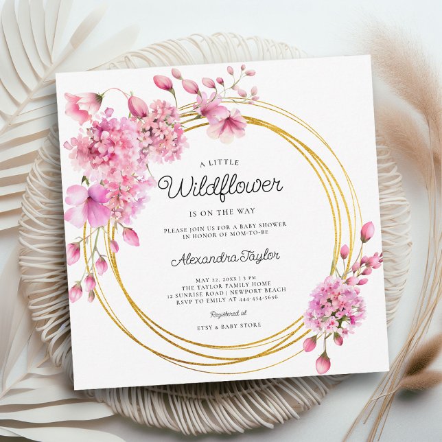 Wildflower Gold Circles Geometric Baby Girl Shower Invitation (little wildflower baby girl shower invitation cottage garden watercolor pink gold circles boho chic )