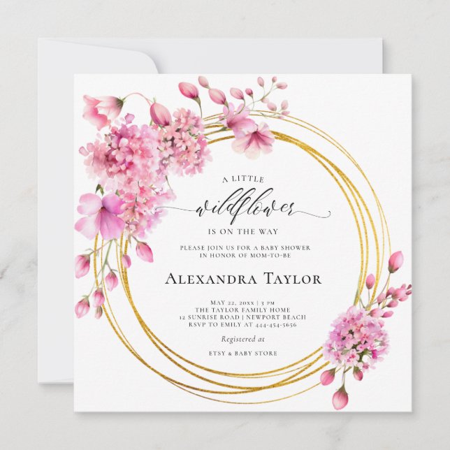 Wildflower Gold Circles Pink Boho Baby Girl Shower Invitation (Front)
