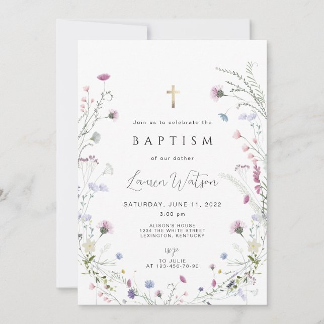 Wildflower gold cross Baptism  Invitation (Front)