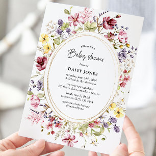 Wildflower & Gold Oval Baby Shower Invitation