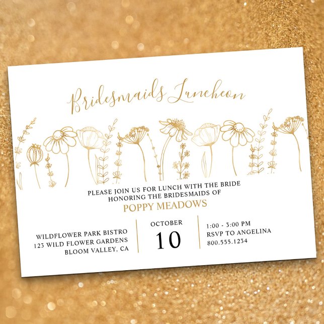 Wildflower Gold Sketch Bridesmaids Luncheon Invitation (Bridesmaids Luncheon invitation in White & Gold, from my Wildflower Sketch collection)