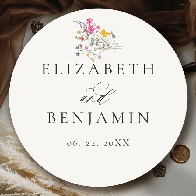 Wildflower Grace Modern Floral Romantic Wedding Classic Round Sticker (wildflower wedding theme sticker romantic colorful watercolor pastel floral timeless classic)