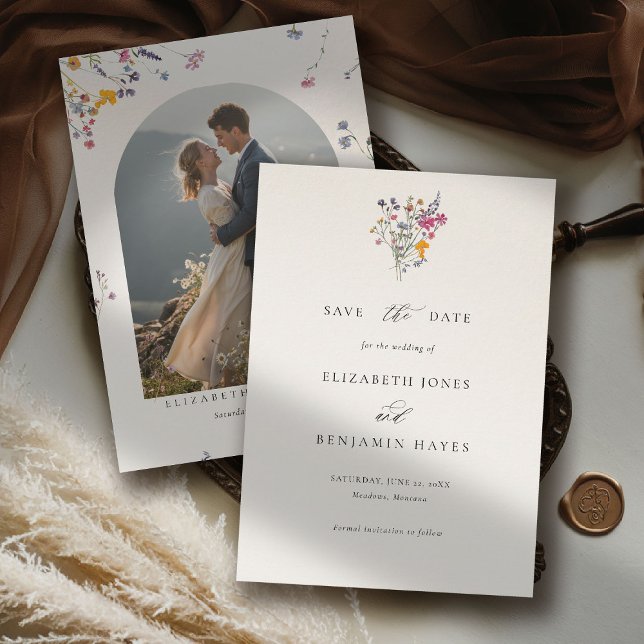 Wildflower Grace Modern Watercolor Photo Wedding Save The Date (wildflower wedding theme save the date romantic colorful watercolor pastel floral timeless classic)