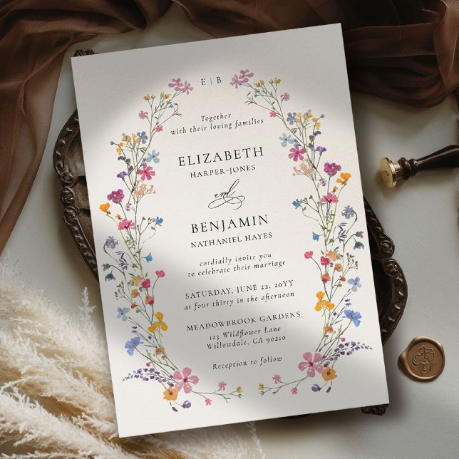 Wildflower Grace Romantic Garden Elegant Wedding Invitation (wildflower wedding theme invitation romantic colorful watercolor pastel floral timeless classic)