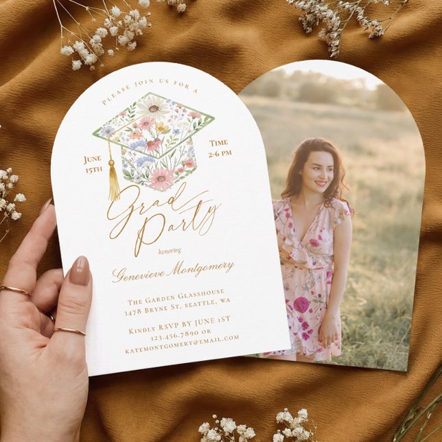 Wildflower Grad Cap Photo Graduation Garden Party Invitation (Wildflower Grad Cap Photo Graduation Garden Party Invitation)