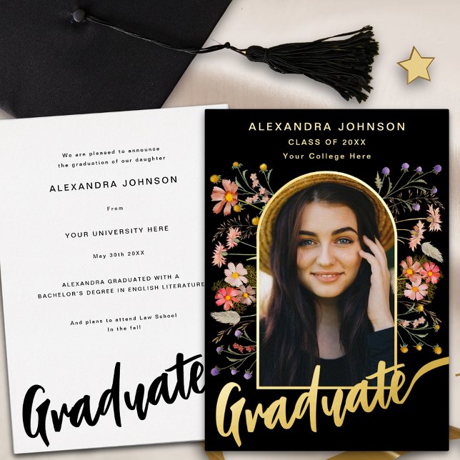Wildflower Graduate Photo Graduation Script Gold (Boho floral arch graduate photo archive black and gold script Graduation announcement card)