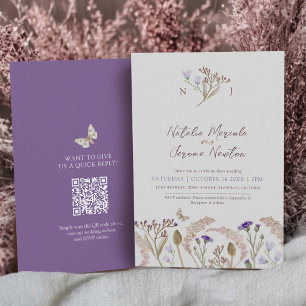 Wildflower grasses watercolor fall wedding QR code Invitation