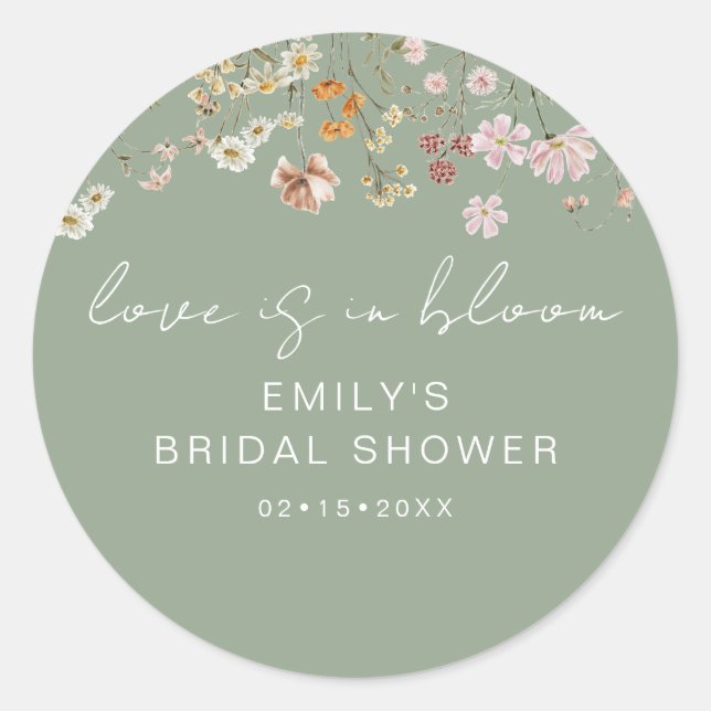 Wildflower Green Bridal Shower Love is In Bloom Classic Round Sticker (Front)