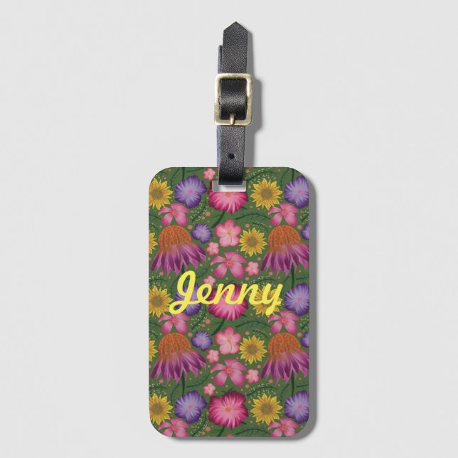 Wildflower Green Floral Personalised  Luggage Tag (Front Vertical)