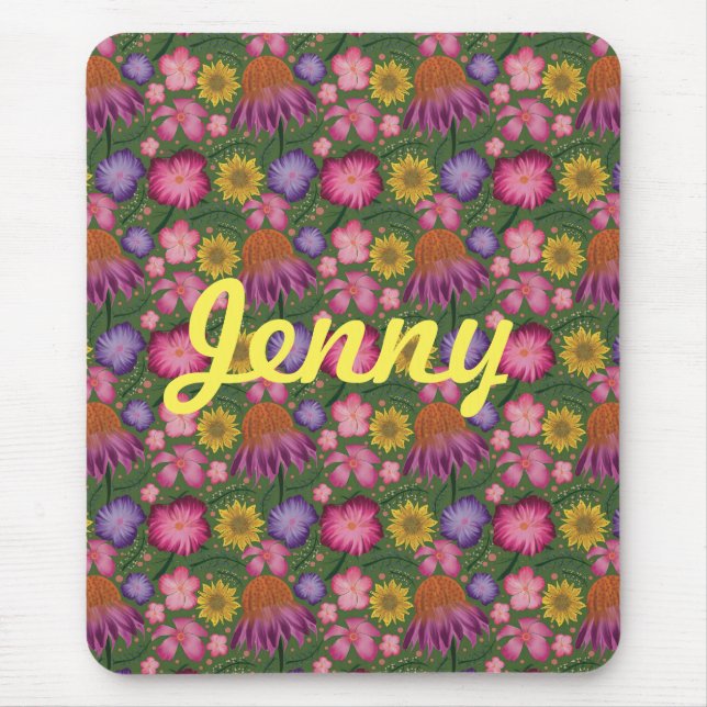 Wildflower Green Floral Personalised  Mouse Mat (Front)