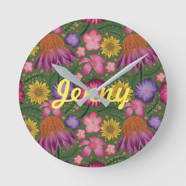 Wildflower Green Floral Personalised  Round Clock (Front)