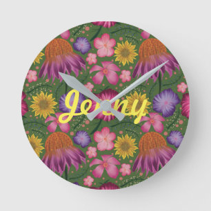 Wildflower Green Floral Personalized Round Clock