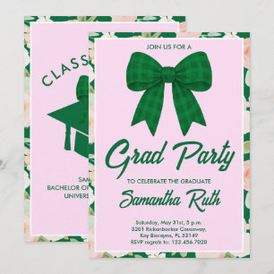 Wildflower Green Gingham Bow Graduation Party Invitation