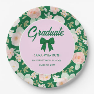 Wildflower Green Gingham Bow Graduation Party Paper Plate