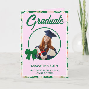 Wildflower Green Gingham Bow Photo Graduation Card