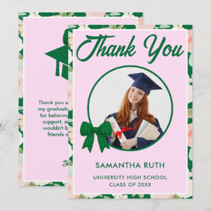 Wildflower Green Gingham Bow Photo Graduation Thank You Card