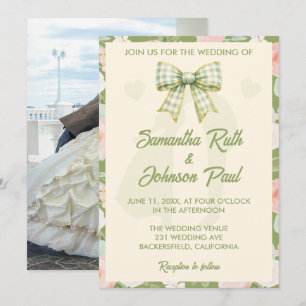 Wildflower Green Gingham Bow Photo Wedding Invitation