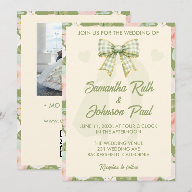 Wildflower Green Gingham Bow QR Code Photo Wedding Invitation (Front/Back)