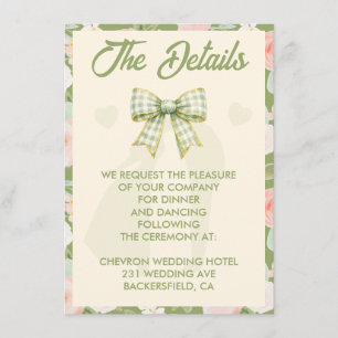 Wildflower Green Gingham Bow Wedding Details Enclosure Card