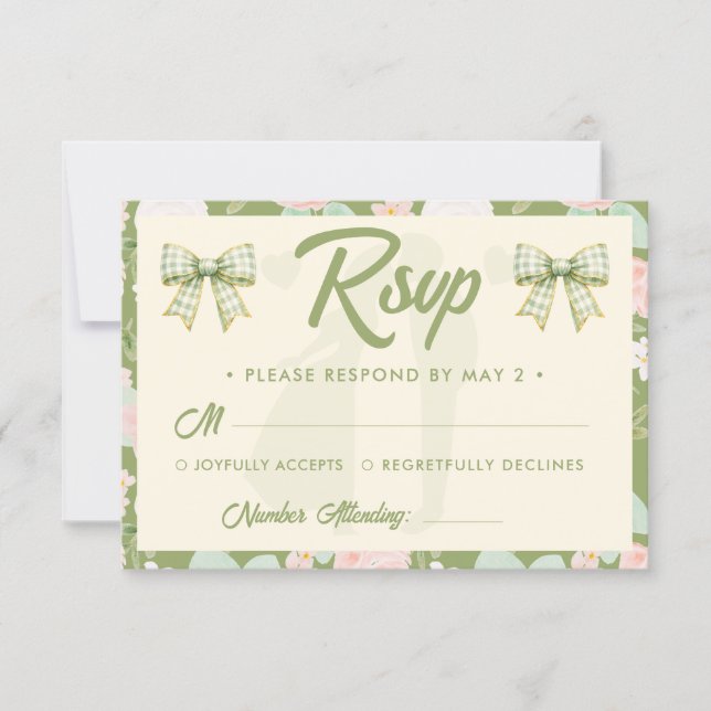 Wildflower Green Gingham Bow Wedding RSVP Card (Front)