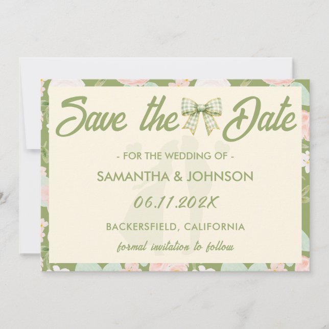 Wildflower Green Gingham Bow Wedding Save The Date (Front)