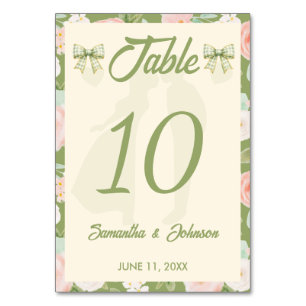 Wildflower Green Gingham Bow Wedding Table Number