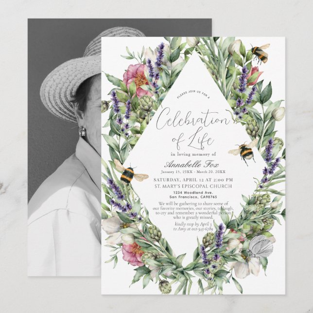 Wildflower Greenery Bee Funeral Memorial Invitation (Front/Back)
