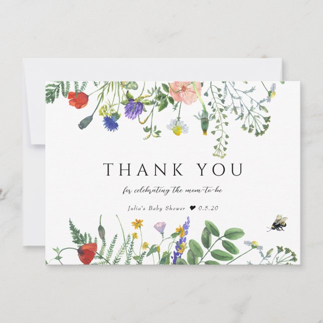 Wildflower Greenery | Bees Floral | Baby Shower Thank You Card (Front)