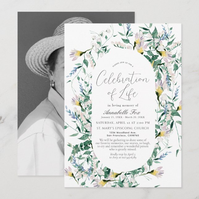 Wildflower Greenery Funeral Memorial Invitation (Front/Back)