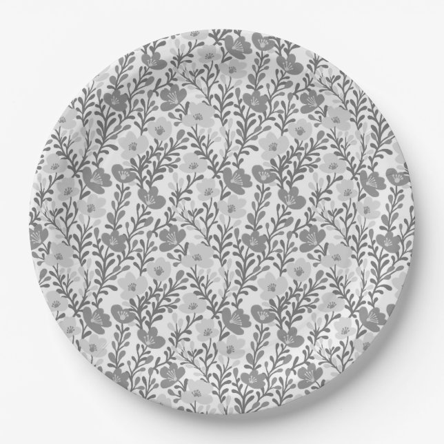 Wildflower Grey Blooms Floral Baby Shower Custom Paper Plate (Front)