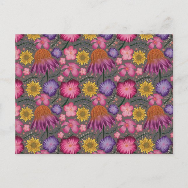 Wildflower Grey Floral Pattern Postcard (Front)