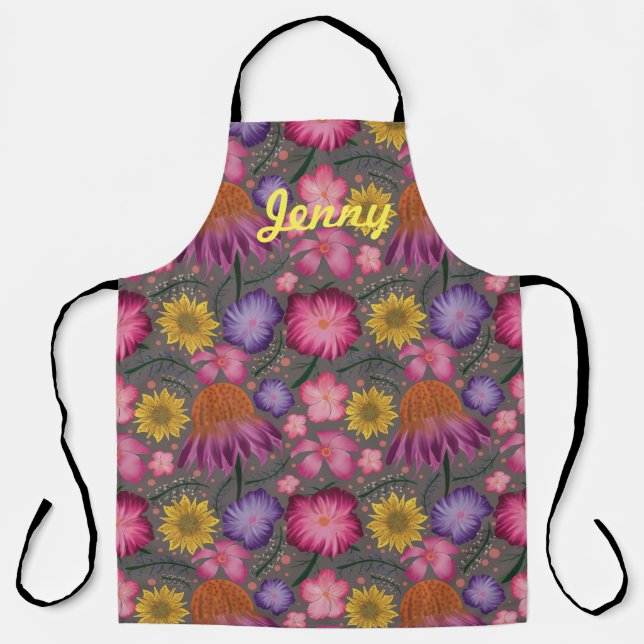 Wildflower Grey Floral Personalised Apron (Front)