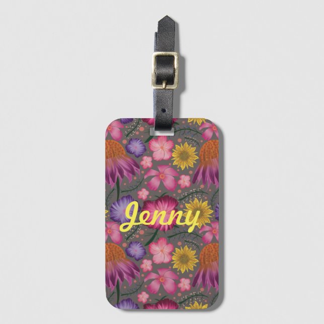 Wildflower Grey Floral Personalised Luggage Tag (Front Vertical)