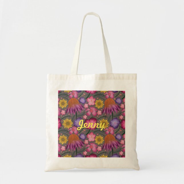 Wildflower Grey Floral Personalised Tote Bag (Front)