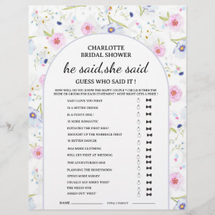 Wildflower He said She said Bridal Shower Game  Flyer