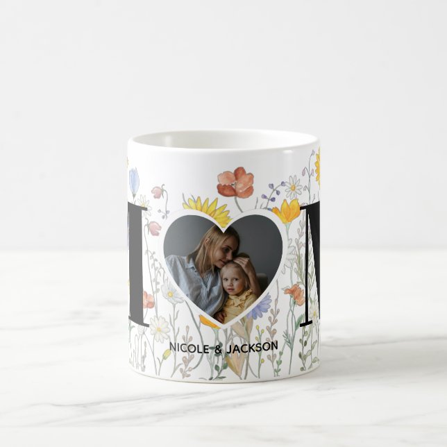 Wildflower Heart Photo Name Mother's Day Coffee Mug (Center)