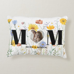Wildflower Heart Photo Name Mother's Day Decorative Cushion