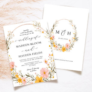 Wildflower Heart Script Rustic Boho Floral Wedding Invitation