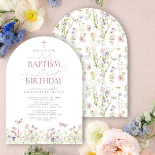 Wildflower Holy Baptism & 1st Birthday Pink Script Invitation