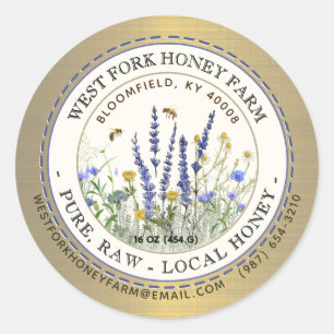 Wildflower Honey Label Bees and Dashed Border Gold