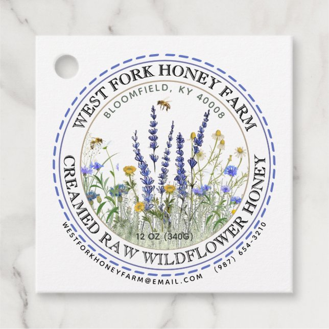 Wildflower Honey Label Bees Dashed Border Kraft (Front)