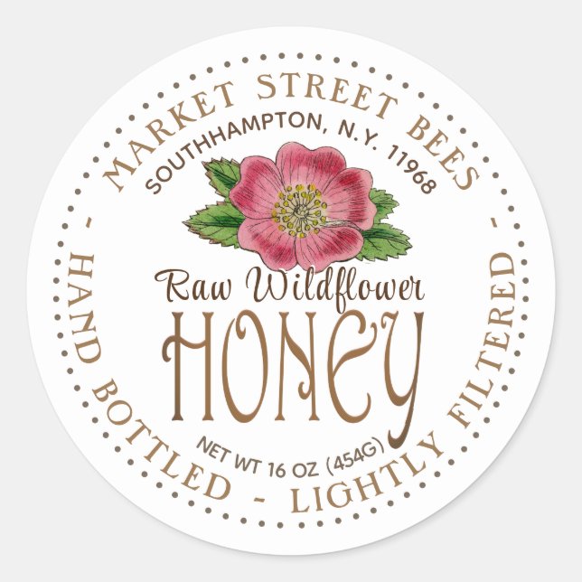 Wildflower Honey Label Wild Pink Rose Flower (Front)
