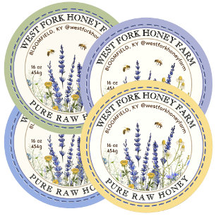Wildflower Honey Label with Bees Dashed Border