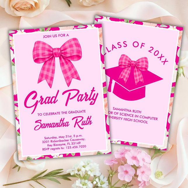 Wildflower Hot Pink Gingham Bow Graduation Party Invitation (Creator Uploaded)