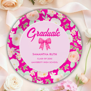 Wildflower Hot Pink Gingham Bow Graduation Party Paper Plate