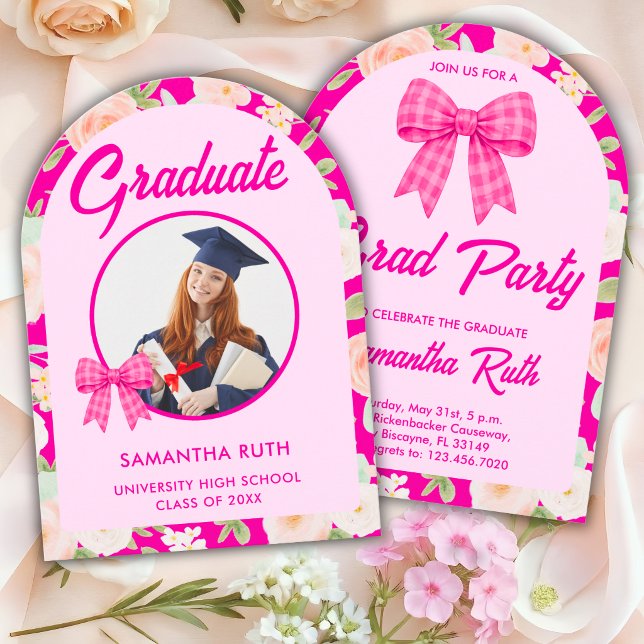 Wildflower Hot Pink Gingham Bow Photo Graduation Invitation (Creator Uploaded)