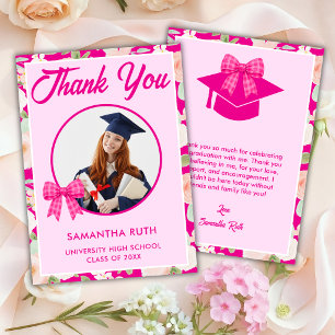 Wildflower Hot Pink Gingham Bow Photo Graduation Thank You Card