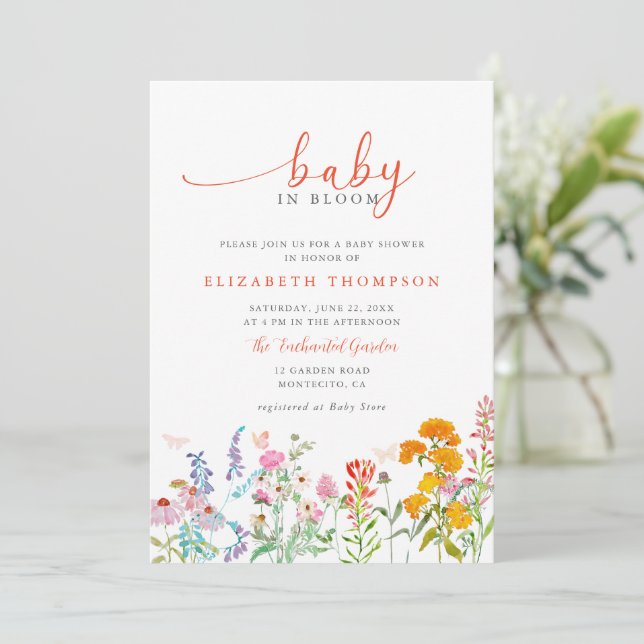 Wildflower in Bloom Teal Orange Girl Baby Shower Invitation (Standing Front)